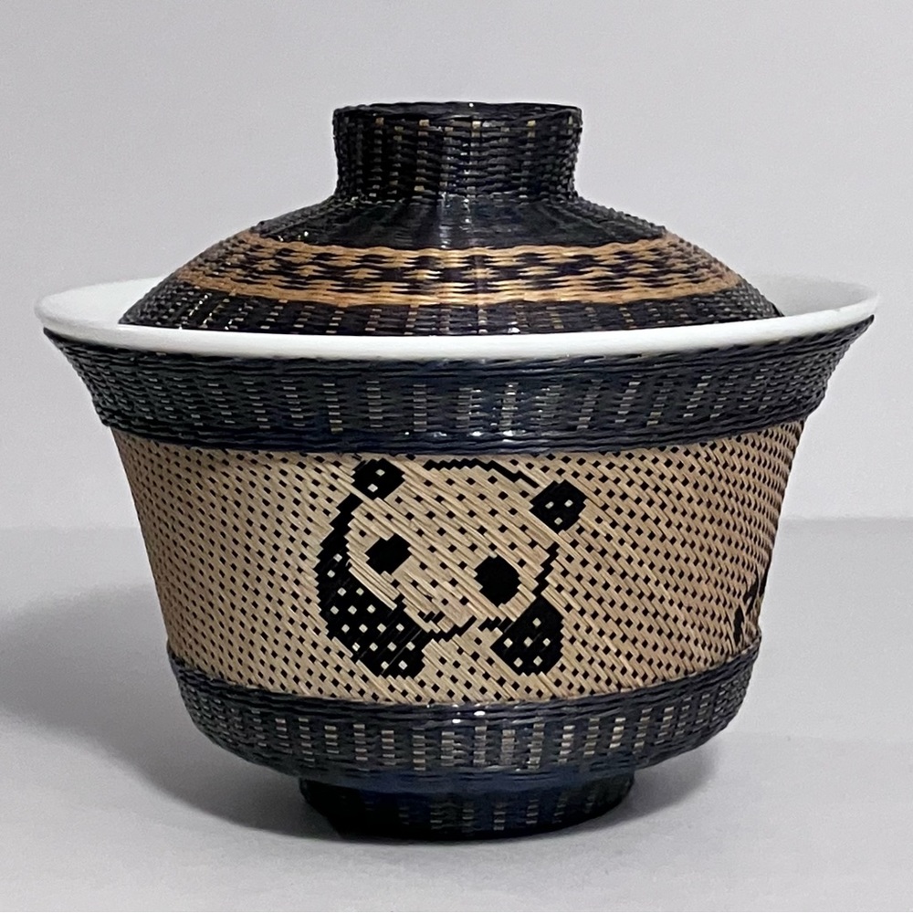 GAIWAN TEA CUP / Fun Woven Bamboo PANDA COVERING / Missing Plate / Slight Damage